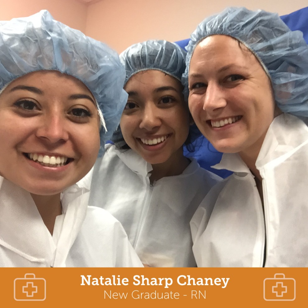 Three nurses smiling, including Natalie Sharp Chaney